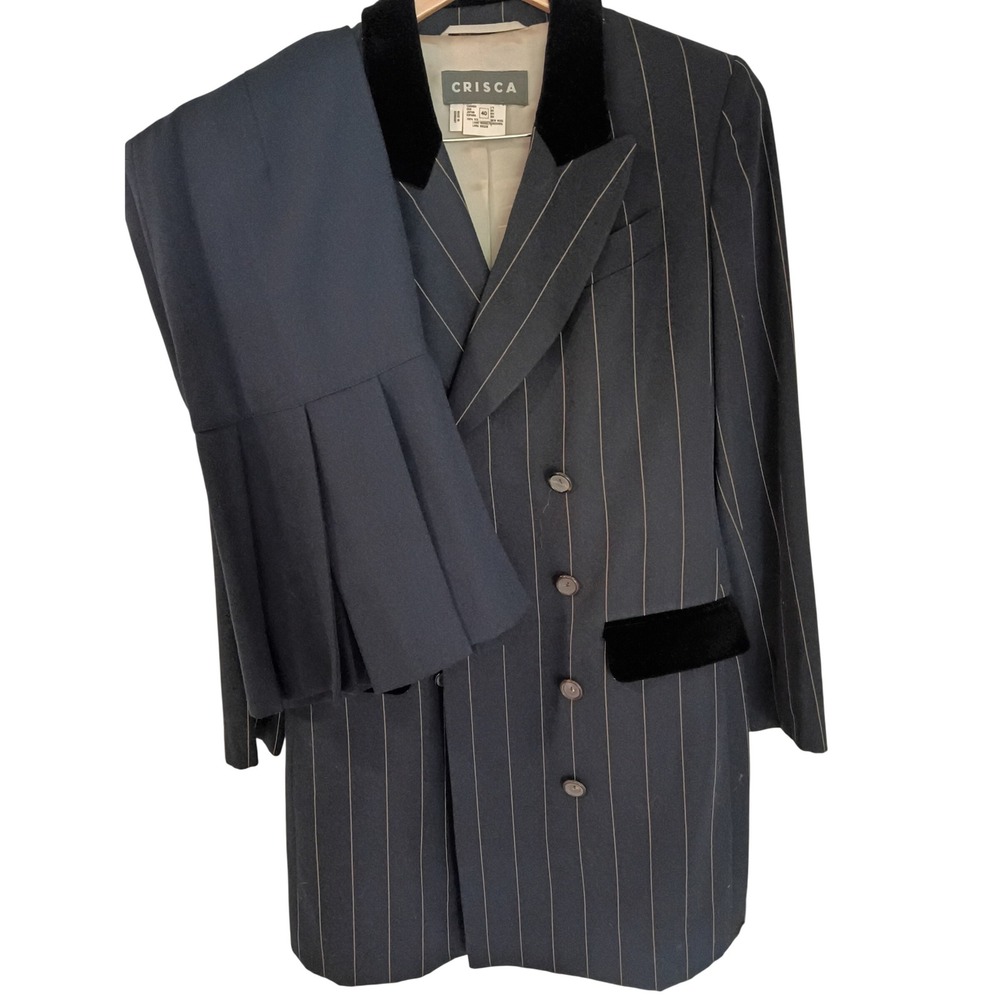 Crisca Vintage Wool Pinstripe Skirt Suit Navy Blue Velvet Trim Made  Germany 40